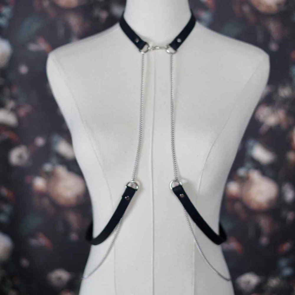 Lisette Harness in Matte Black Leather and Silver Chain